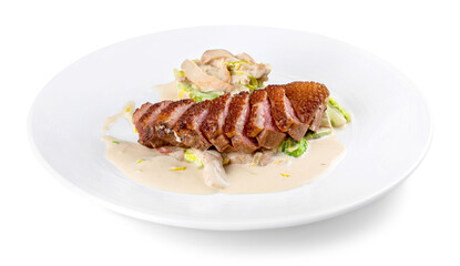 Roasted Duck With Pear Marinated In Red Wine And Mascarpone Rose