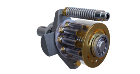 Hydraulic piston pump with oil coloured to match blue (low pressure) and red (high pressure) conversion