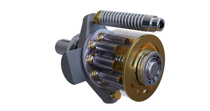 Hydraulic piston pump with oil coloured to match blue (low pressure) and red (high pressure) conversion