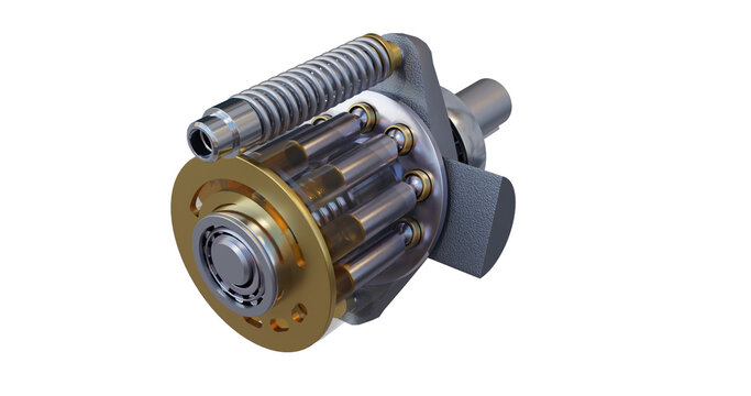 Hydraulic piston pump with oil showing the internal details bearing, swashplate, valve plate and more