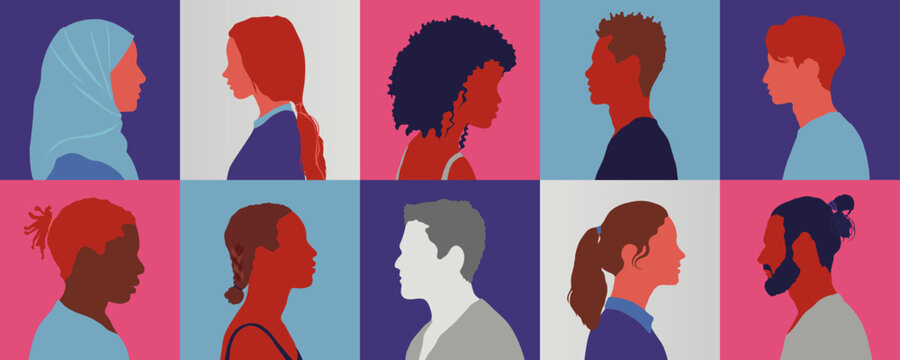 Multiethnic, multicultural community of people. Teamwork, cooperation or education concept. Human profile silhouette.