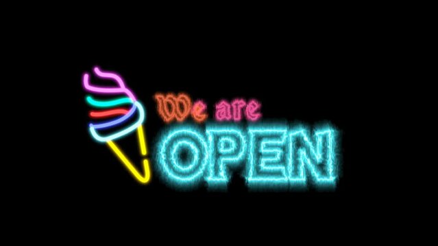 4k animation of ice cream bar sign Open. The sign Open turns on and flickers.