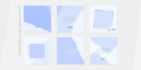 Light-blue social media post templates with torn paper texture for cosmetics, skincare, wellness.	
