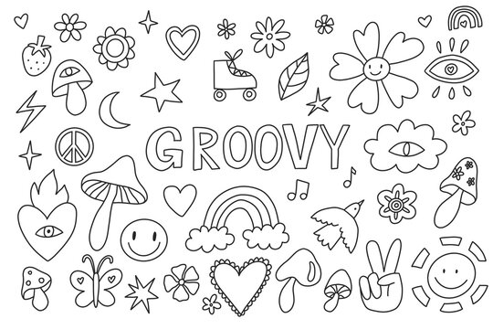 Set of 1970 psychedelic clipart. Retro groovy graphic elements of mushrooms, eyes. Cartoon hippy stickers.