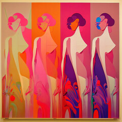 Obraz na płótnie Canvas Abstract fashion illustration – a four women figures painted with subtle pastel tones, Acrylic on canvas