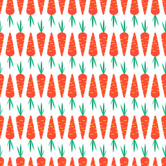 Carrots seamless pattern. Cute orange  flat vegetable with green leaves. Scrapbook, print, textile, fabric design. Vegetarian natural food collection. Vector illustration