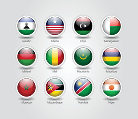 3D glossy and round design flag icons for African countries. Vector illustration.