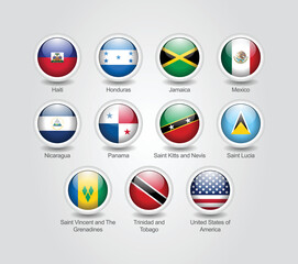 3D glossy and round design flag icons for North American countries. Vector illustration.
