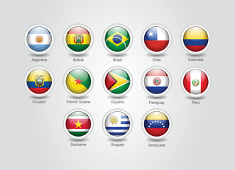 3D glossy and round design flag icons for South American countries. Vector illustration.