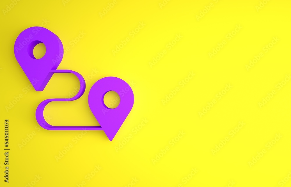 Poster purple route location icon isolated on yellow background. map pointer sign. concept of path or road.
