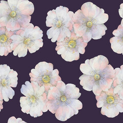 Watercolor flowers on purple background seamless pattern. Drawing of apple tree flowers for design.