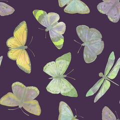 Seamless watercolor pattern, abstract botanical background, bright butterflies for design, wallpapers, invitations.