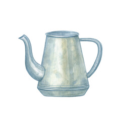 Garden kettle made of galvanized steel. watering can painted in watercolor on a white background.