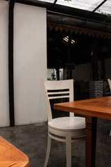 Wooden and white cafe interior. Interior of cozy cafe.