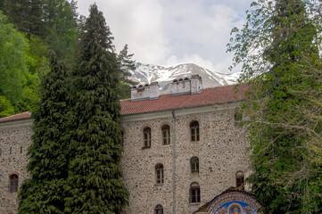 Exterior wall of the Monastery of Saint John of Rila, also known as Rila Monastery with snow capped...