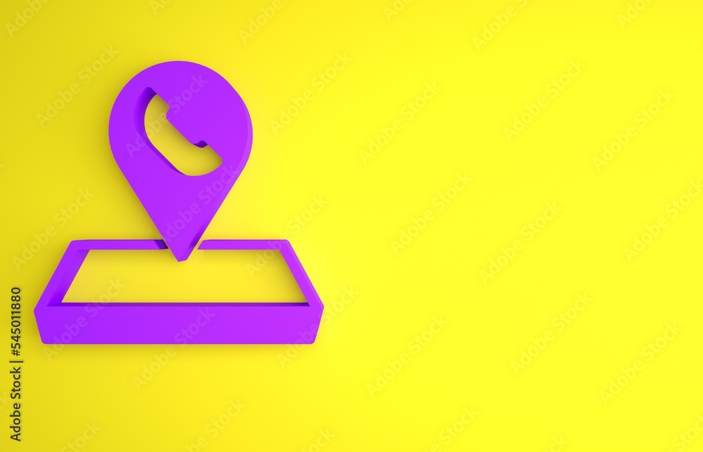 Poster purple map pointer with telephone or communication icon isolated on yellow background. call center l