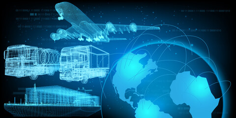 3D rendering illustration aeroplane cargo ship and Lorry truck with world maps blueprint glowing neon hologram futuristic show technology security for premium product business finance  transportation