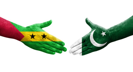 Handshake between Pakistan and Sao Tome and Principe flags painted on hands, isolated transparent image.