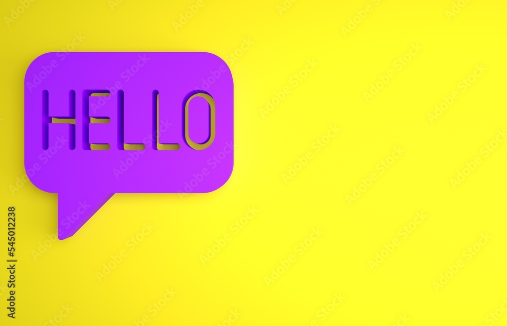 Poster purple hello in different languages icon isolated on yellow background. speech bubbles. minimalism c
