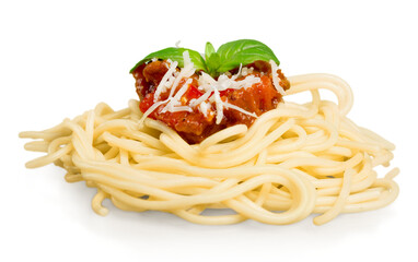 spaghetti with tomato sauce and sprinkled with cheese