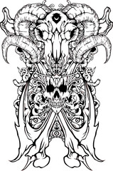 Dark art illustration, a dark art design with a human skull design and a demon goat skull with two grim reapers