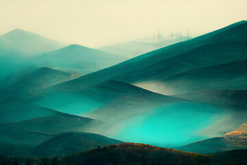 Geometric Mountain Landscape Illustration with Shades of Teal