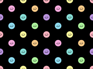 Smiley face cartoon character seamless pattern on black background