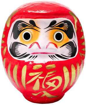 Daruma lucky doll with black eyes isolated on white background, Daruma Japanese traditional doll on White Background PNG file.