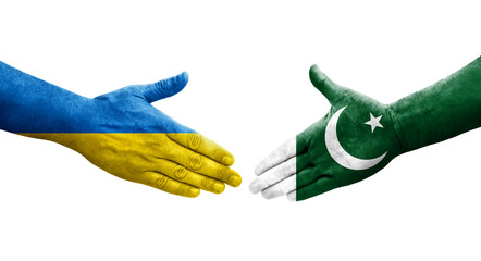 Handshake between Pakistan and Ukraine flags painted on hands, isolated transparent image.