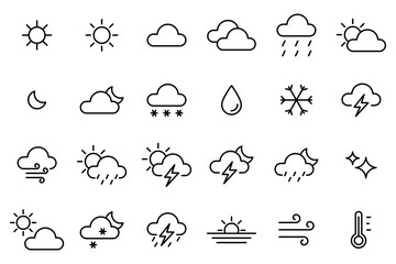 Conjunto de iconos de estado del clima. Concepto de tiempo. Sol, luna, lluvia, estrella, viento, nieve, calor, tormenta. Temperatura. Ilustración vectorial