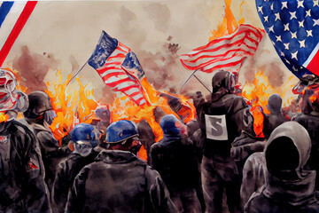 Digital watercolour of American extremists revolting. Skinheads and ultranationalists destroying and causing anarchy in the streets of America. Fascist civil resistance, wearing bulletproof vests.