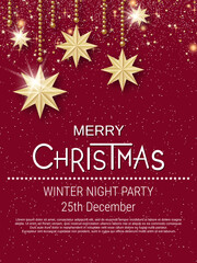 Merry Christmas and Happy New Year vector illustration. Dark red background with stars and snowflakes. Flyer, invitation card, booklet template