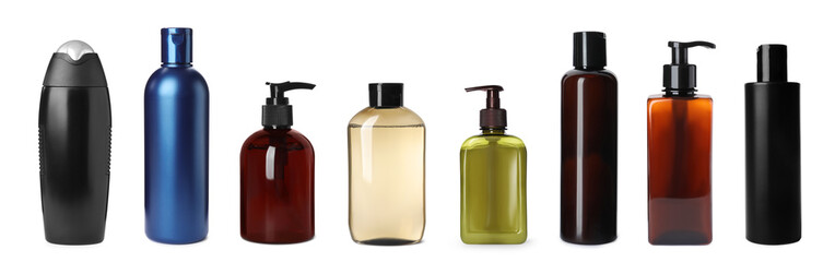 Set with different bottles of shampoo on white background. Banner design