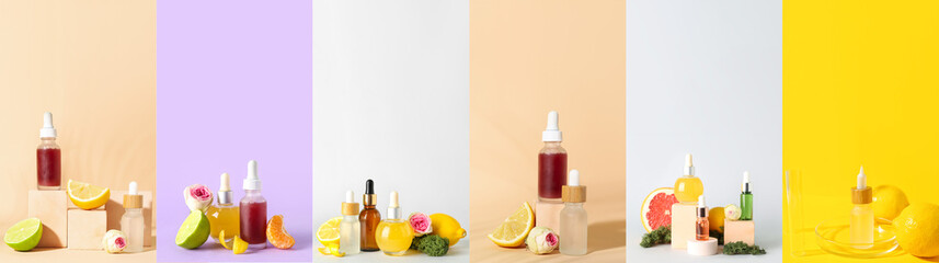 Collage with citrus essential oils on color background