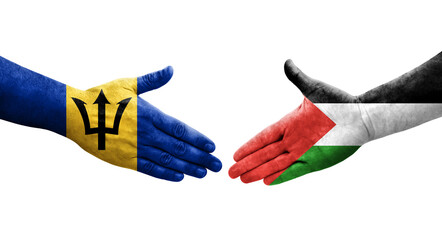 Handshake between Palestine and Barbados flags painted on hands, isolated transparent image.