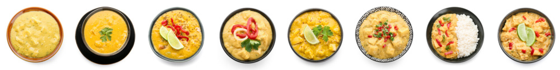 Set of tasty chicken curry on white background, top view