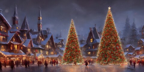 The Christmas tree village is a charming little town with trees lining the streets and lights strung up everywhere. The air is cold and crisp, and snowflakes are falling gently from the sky. There's a