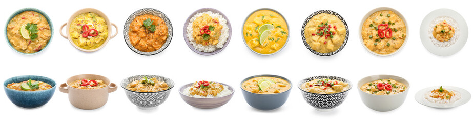 Collage of tasty chicken curry on white background