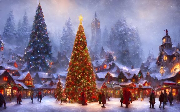 It's a cold winter night and the Christmas tree village is lit up with warm lights. The villagers are all bundled up in their coats and hats, walking around the frosty streets. Can you see the ice rin