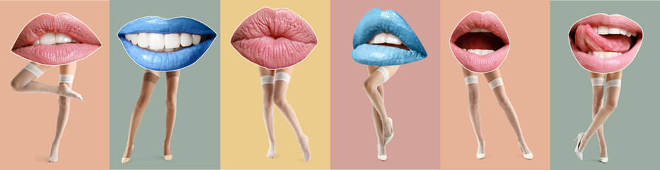 Collage with many female lips and legs in stockings on colorful background