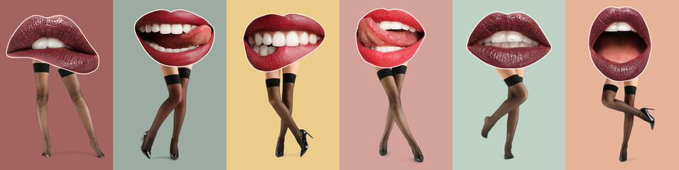 Collage with many female lips and legs in stockings on colorful background