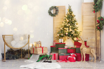 Interior of light living room on Christmas eve