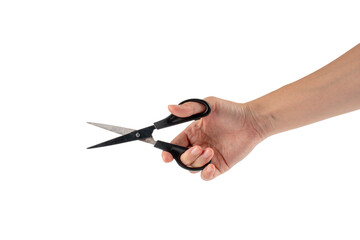 Hand holding office stationery scissors cutting on transparent background  - obrazy, fototapety, plakaty