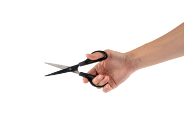 Hand holding office stationery scissors cutting on transparent background 