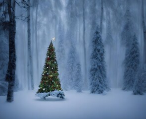 Fototapeta premium It's a cold winter day and the forest is blanketed in snow. The Christmas tree stands tall and proud, covered in icicles and sparkly lights.
