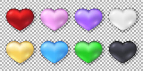 Realistic 3d hearts collection. Glossy pearl gradient vector templates on transparent background with shadow underneath. Best for web, logo, print and St. Valentine's Day decoration.