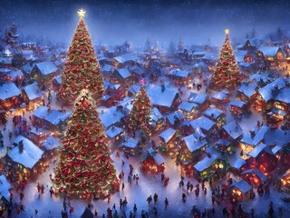 The Christmas tree village is a magical place. The trees are alive and they talk to each other. The houses are made of candy and the streets are lined with gumdrops. It's always snowing here, but it's