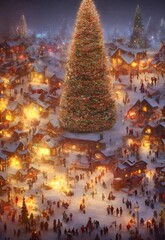 The Christmas tree village is a festive and magical place. The snow is falling gently, the lights are twinkling, and the trees are covered in frosty white. It's a beautiful scene that makes you feel w