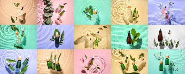 Fototapeta na wymiar Collage with bottles of natural serum in water on colorful background, top view