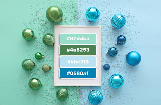 Composition with photo frame and Christmas balls on color background. Different color patterns